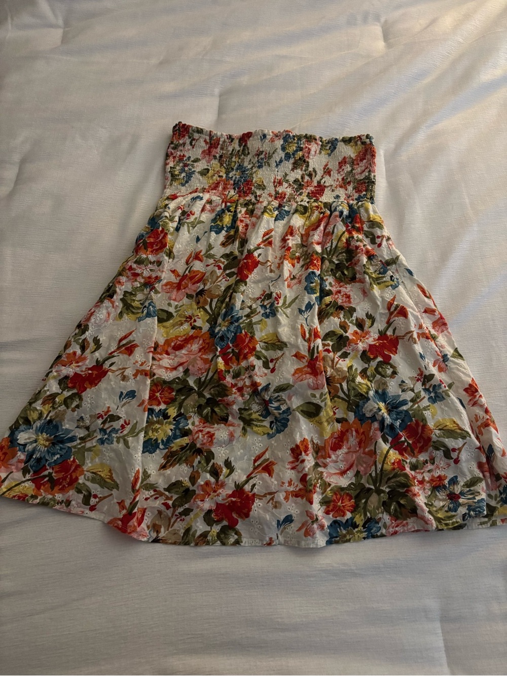 Twenty One White Strapless Floral Sundress with Red, Blue & Green Print